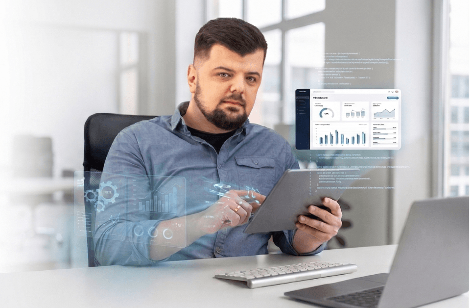 Przedsiębiorca zarządzający systemem biznesowym na tablecie